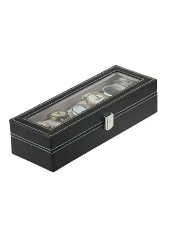 صندوق تخزين ساعات اليد بستة فتحات، بسعة كبيرة، مصنوع من الجلد المقاوم للغبار والخدوش، وهو قابل للحمل (أسود). - Image 3